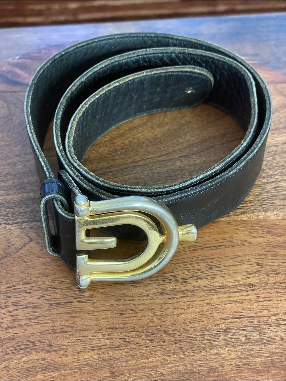 GUCCI Vintage Black Leather Belt w/Gold Tone Horseshoe G Buckle 35”